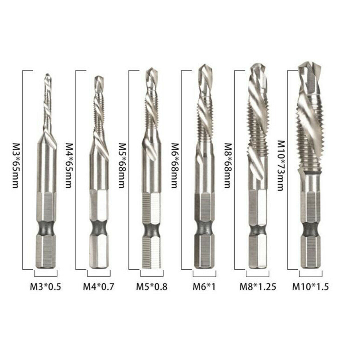 6pcs HSS 1/4" Hex Shank Combination Metric Drill Tap Bit Deburr Countersink Kit