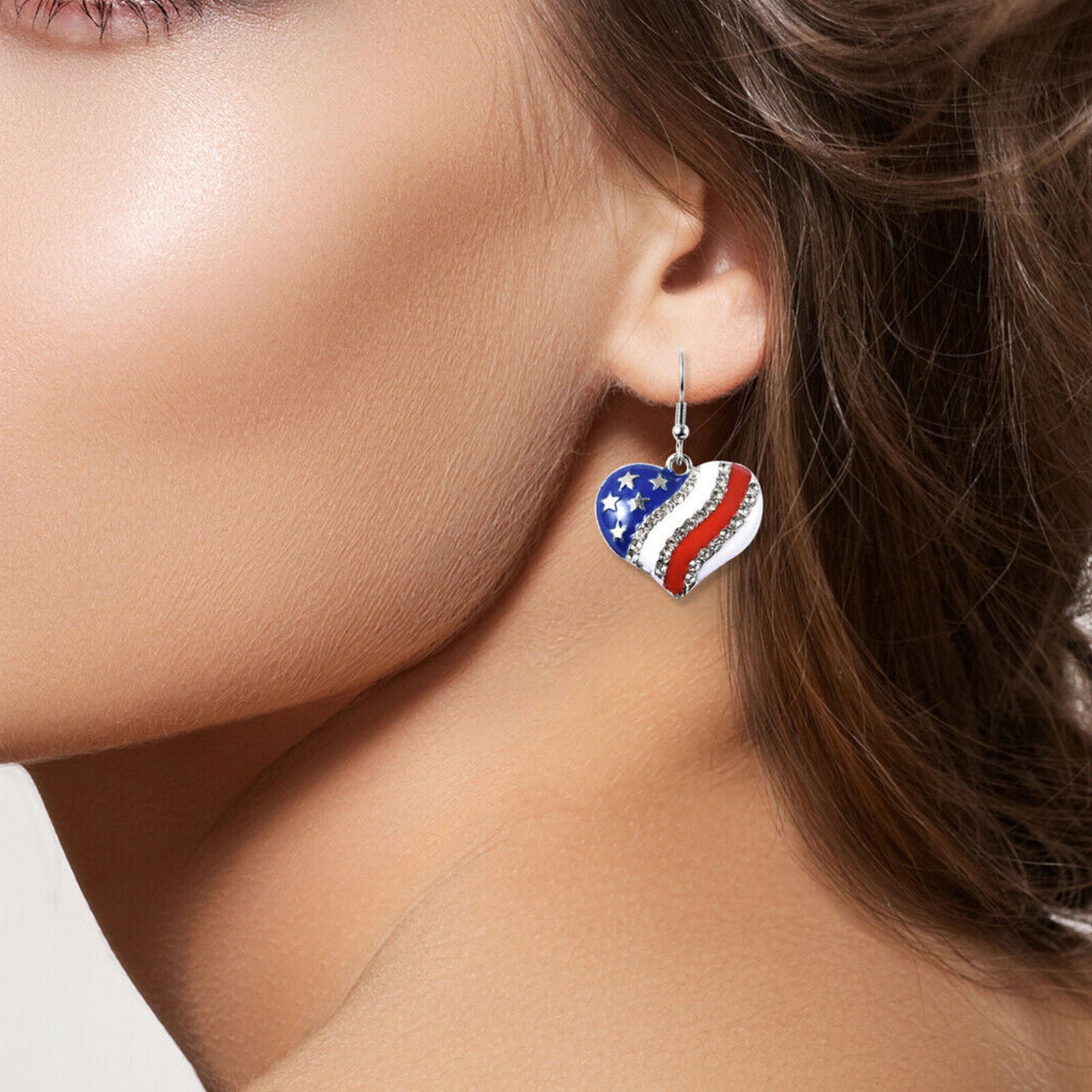 White Crystal National Flag of America Theme Heart Dangle Drop Earrings Gift