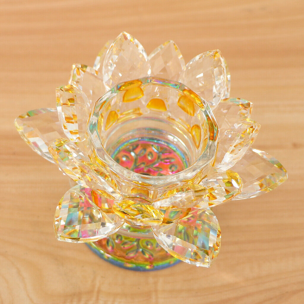 7 Colors Buddhist Crystal Glass Tea Light Lotus Flower Candle Holder Yellow