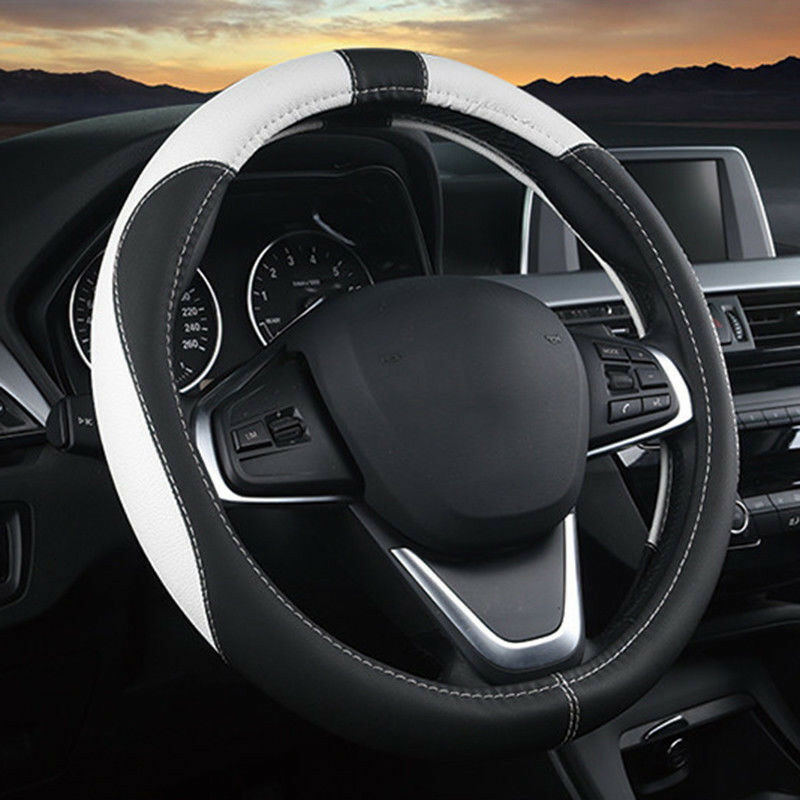 15'' 38cm PU Sport Leather Anti-Slip Car Steering Wheel Cover Black&White Pretty