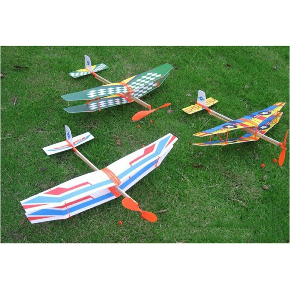 Rubber Band Powered Glider Biplane Assemble Aircraft Plane Kid Education .l8
