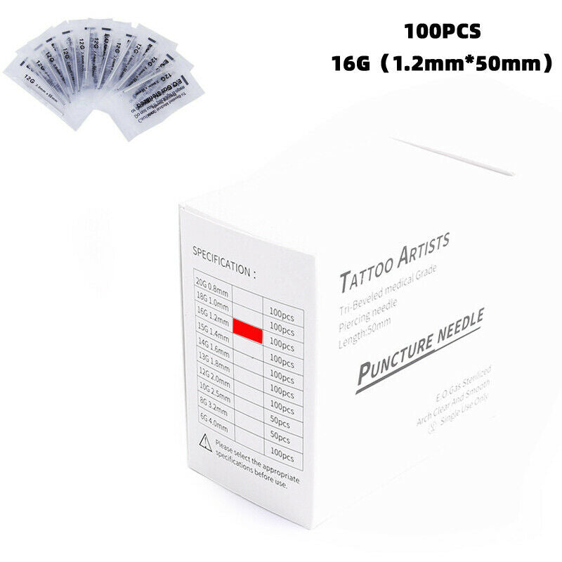 16G Disposable Sterile Medical Body Jewelry Piercing Needle Ear Navel 100PCS