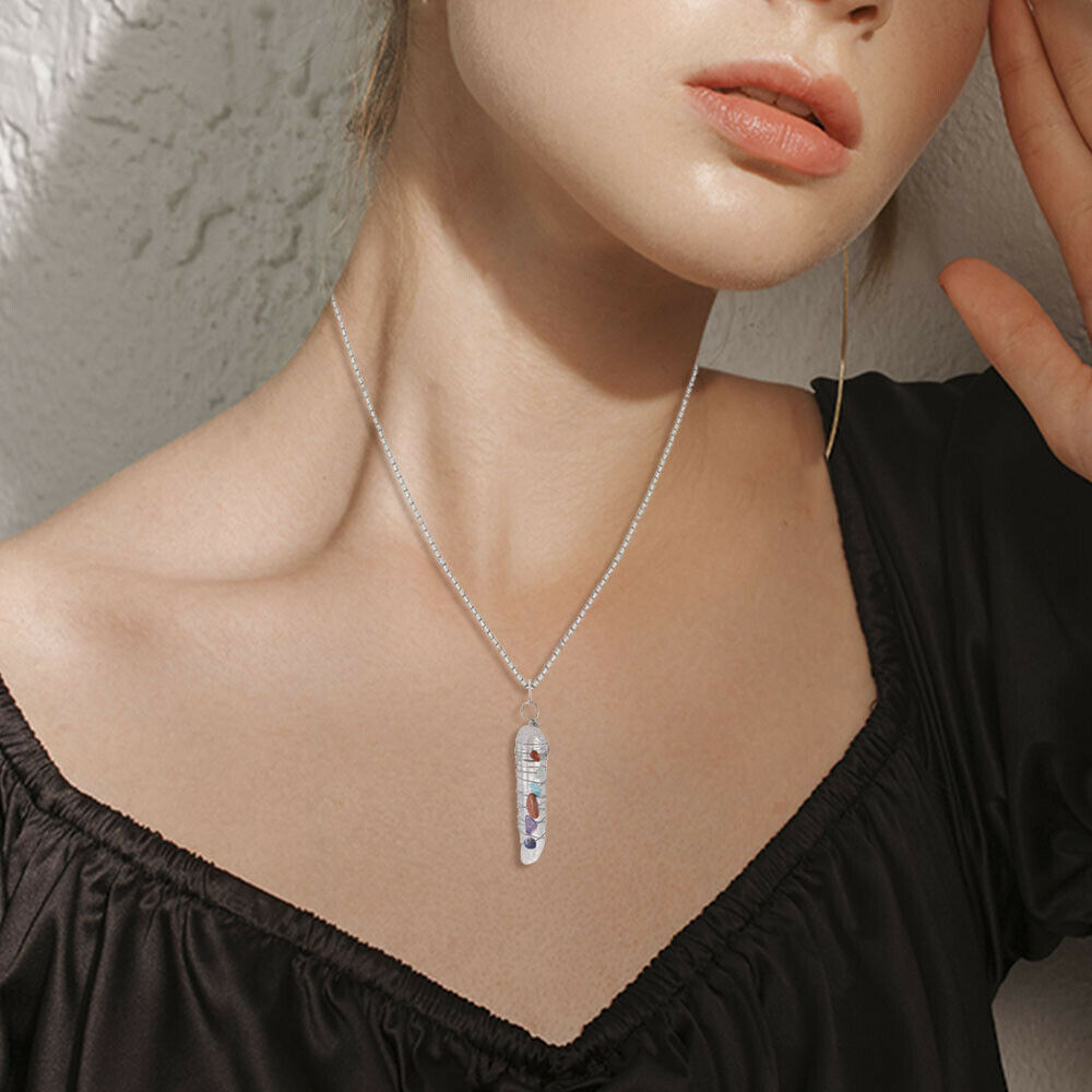 Natural Healing Crystal 7 Chakra Stone Wire Wrap Reiki Quartz Pendulum Pendant