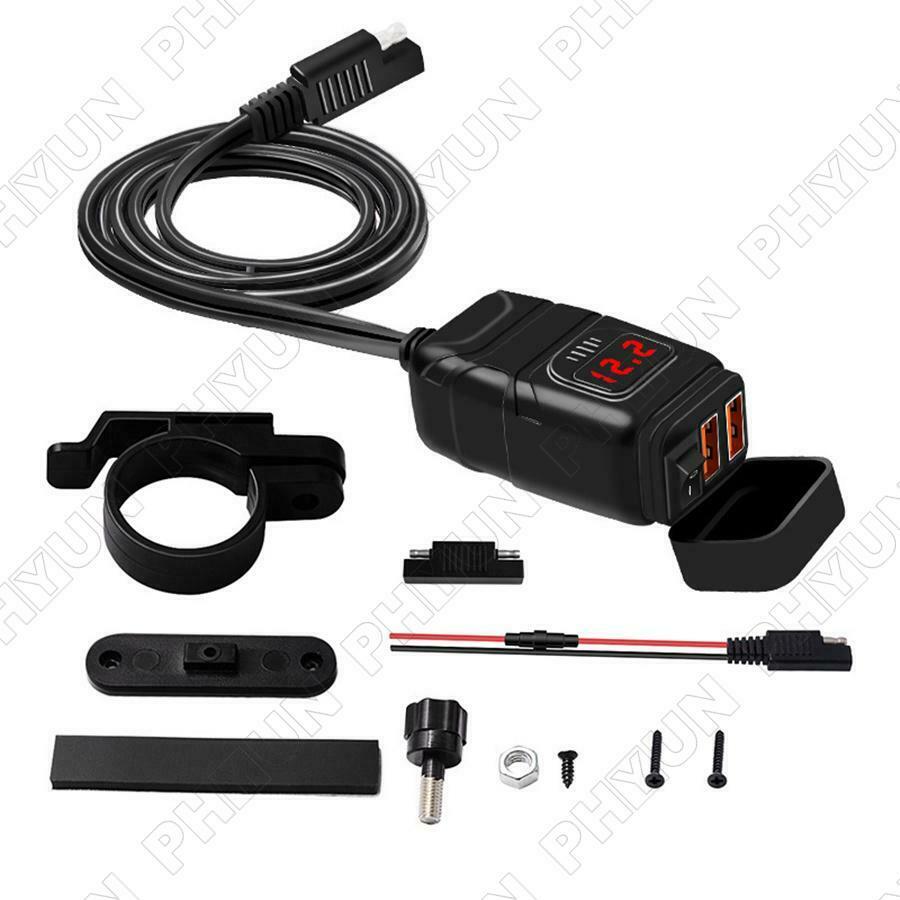Dual USB Motorcycle Handlebar Phone Charger QC3.0 Fast Charging w/ LED Voltmeter