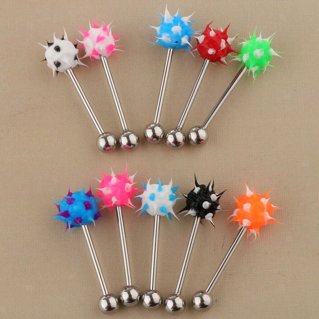 10Pcs Lip Tongue Bar Ring Straight Barbell Stainless Steel Silicone Ball 14G