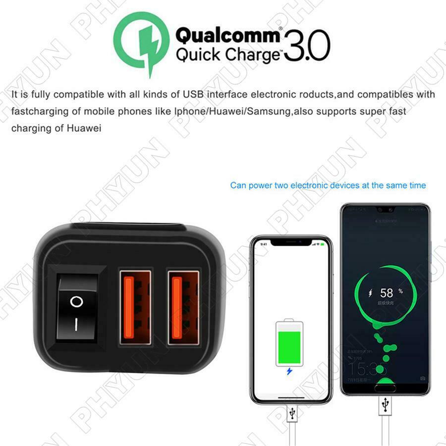 Dual USB Motorcycle Handlebar Phone Charger QC3.0 Fast Charging w/ LED Voltmeter