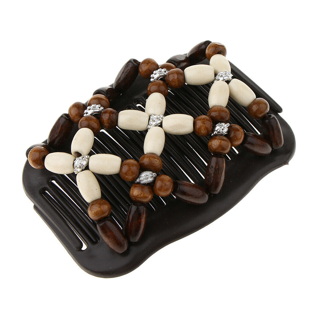 2 Pieces Double Hair Comb Clip, Magic Wood Beads Combs, Stretchy Hair Bun Beauty