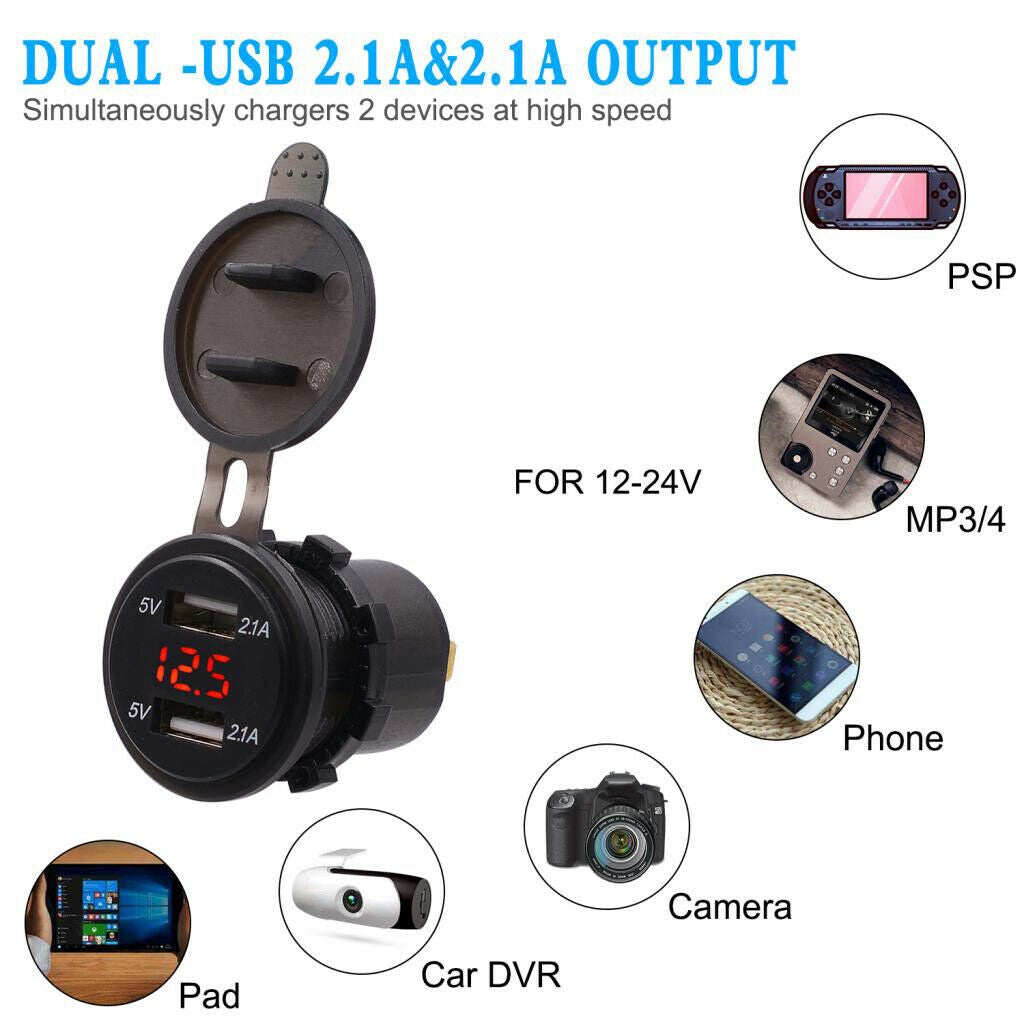 Car Charger USB Voltmeter LED Red Usage For Power Supply Portable Tablets
