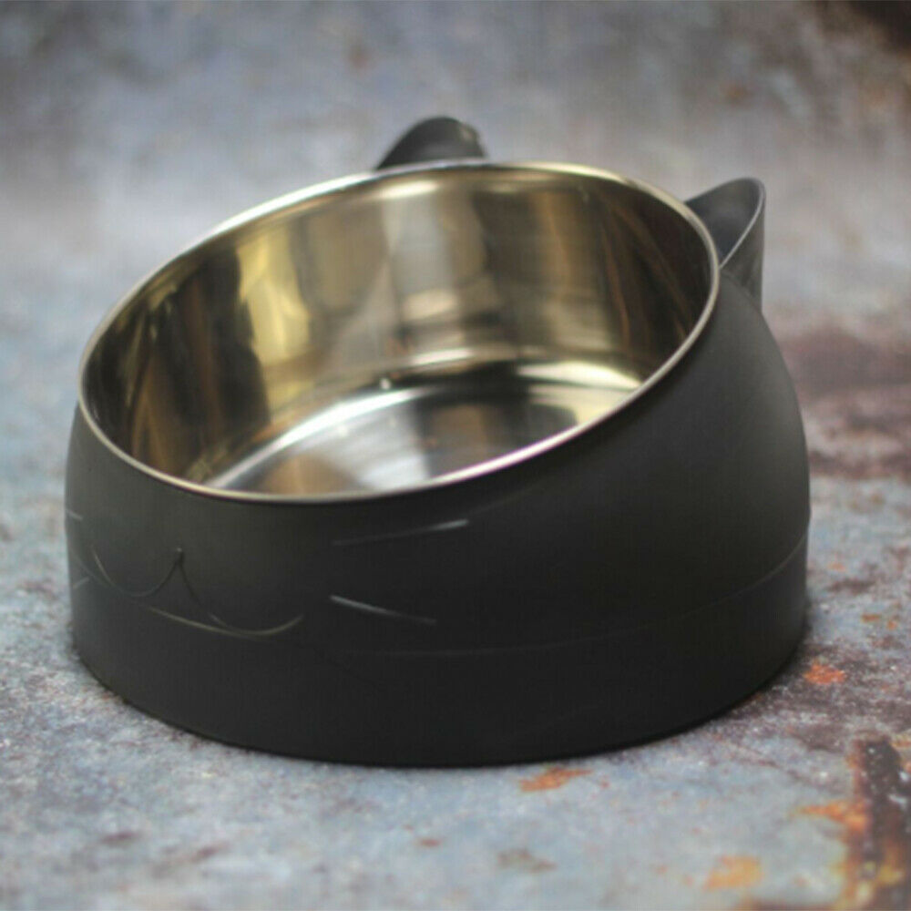 Pet Dog Cat Feeder Bowl Food Drink Water Dish Stainless Steel 15 Degree Tilted