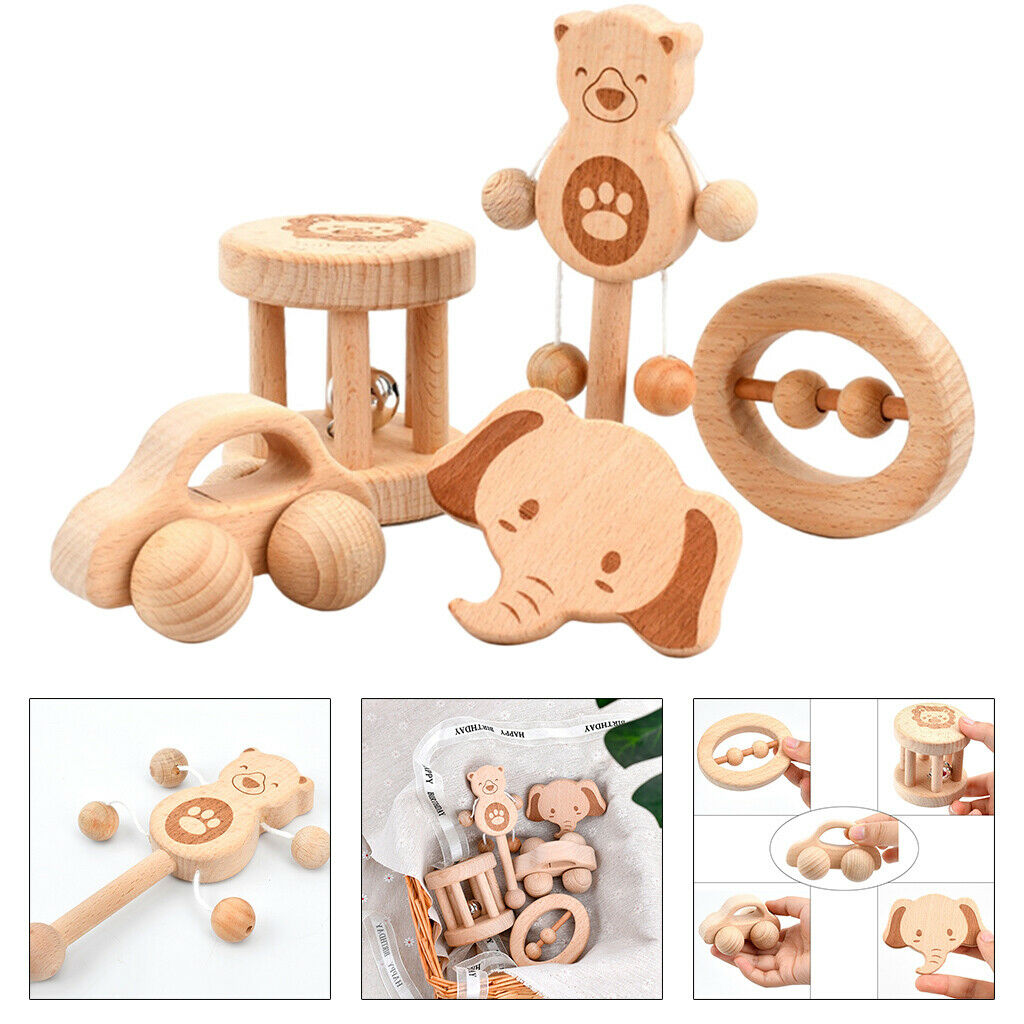 5Pcs/Set Wooden Teether Rattle Toys Beech Wood Teething Ring Montessori Toys
