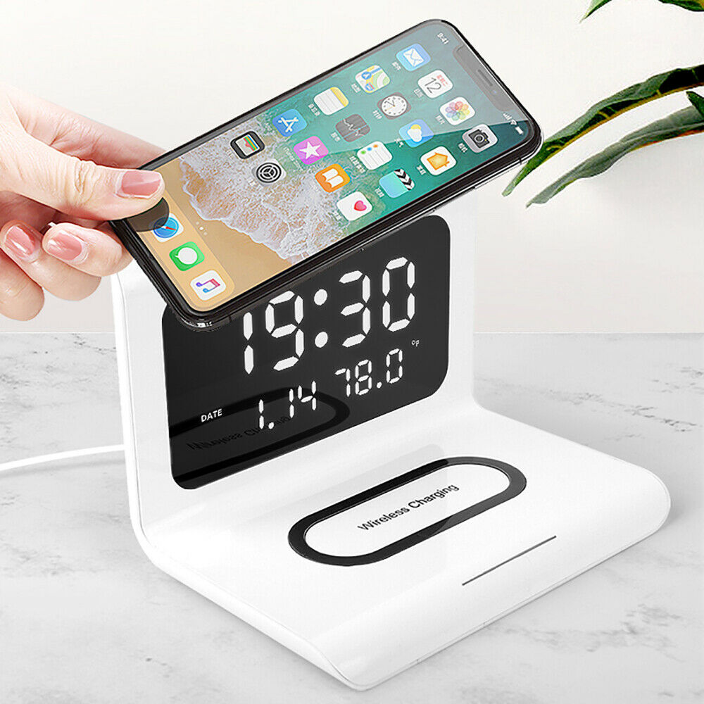 Multifunctional Alarm Clock Wireless Charger LED Display Digital Clock White