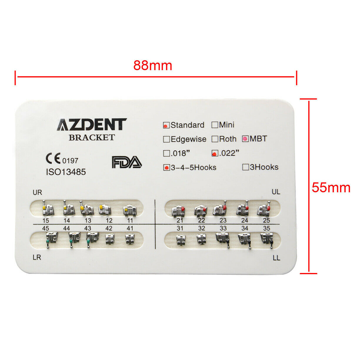 50XDental Ortho Brackets Standard MBT Slot 022 3 4 5 Hooks AZDENT USA