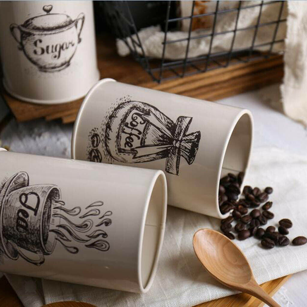 3-pack Retro Tea Coffee Sugar Canister Kitchen Storage Jar Pot Tins w/ Lids