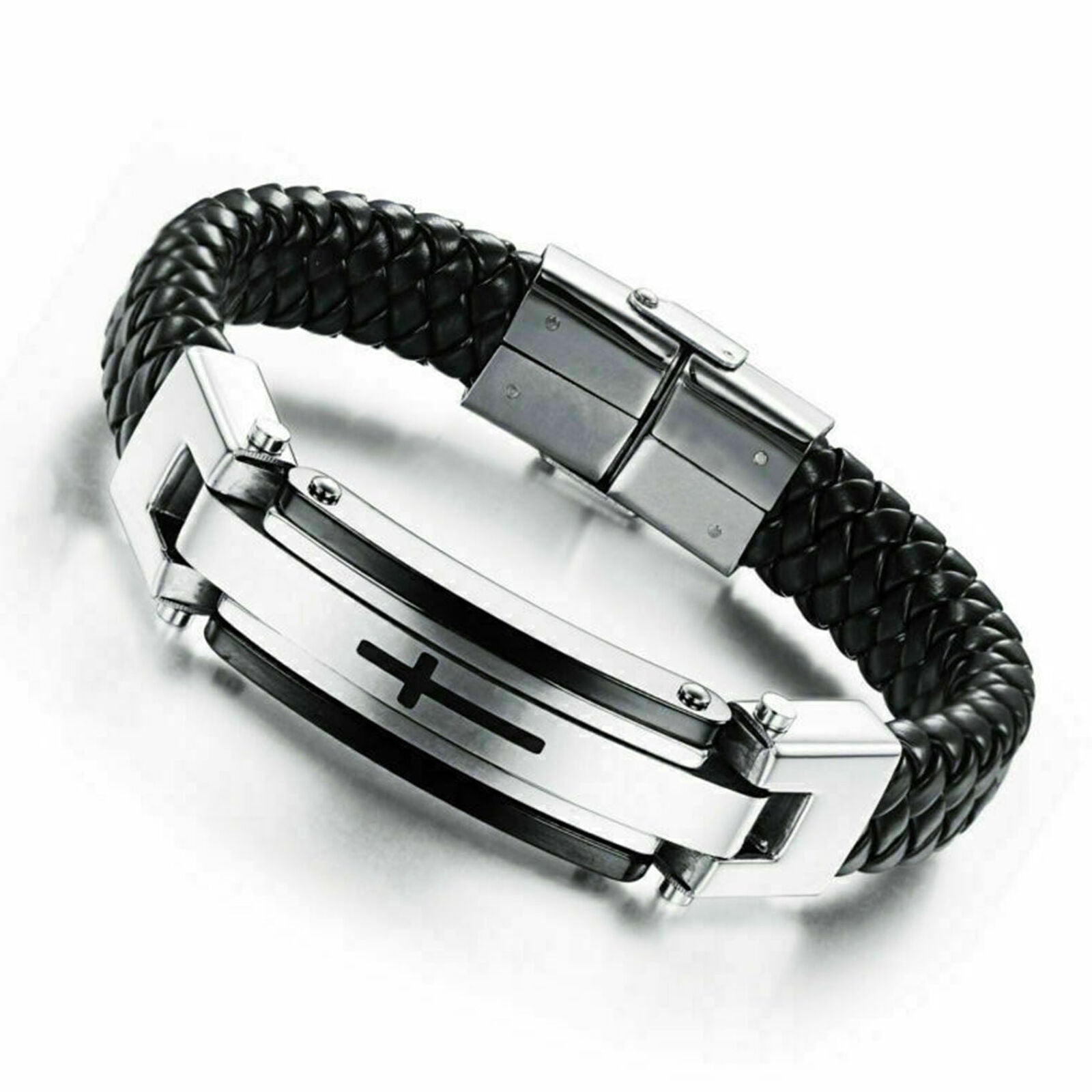 Black Leather Braided Stainless Steel Cross Men's Charm Bracelet Wristband Cuff