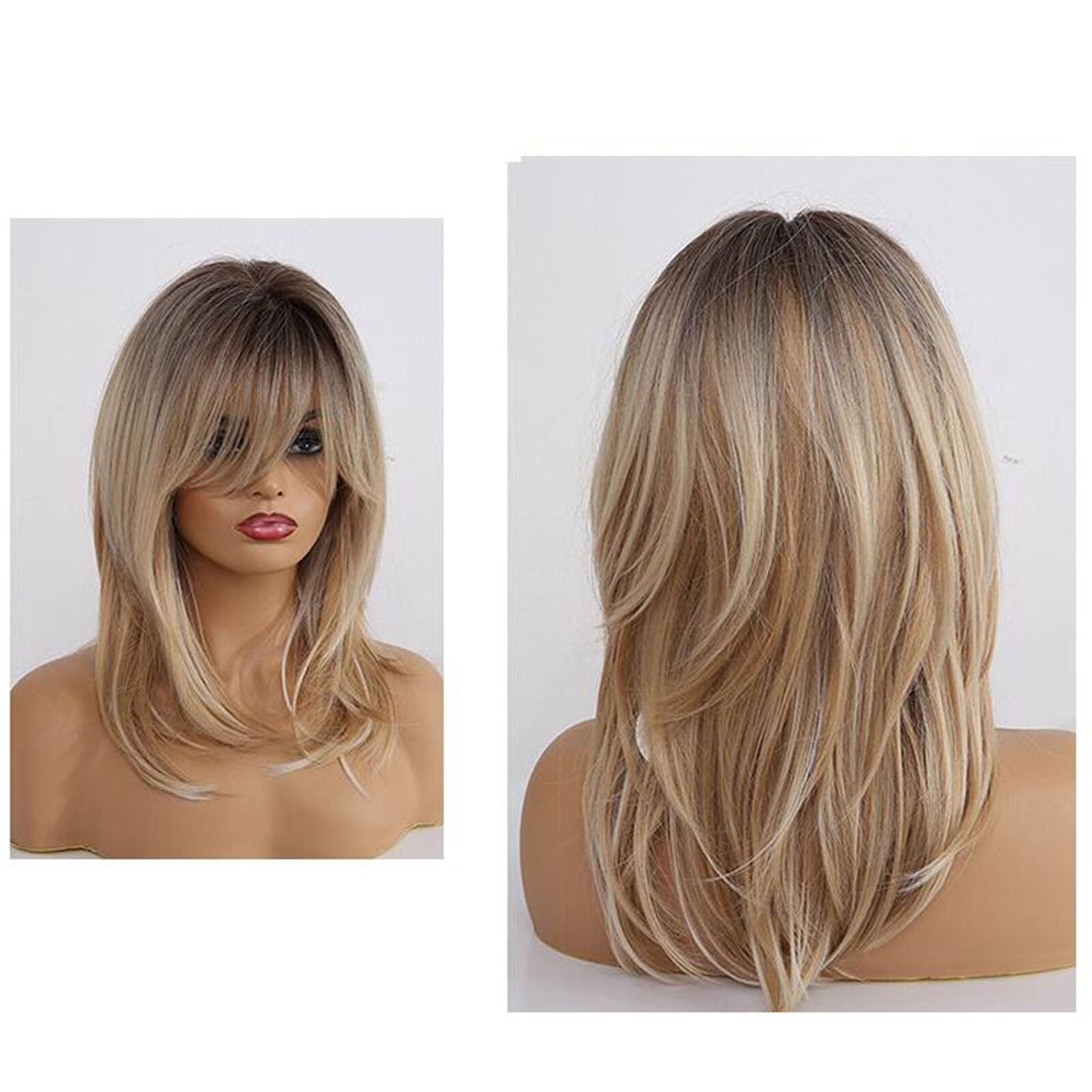 Brown Natural Blonde Wavy Ombre Synthetic Hair Wigs With Bangs For Women New