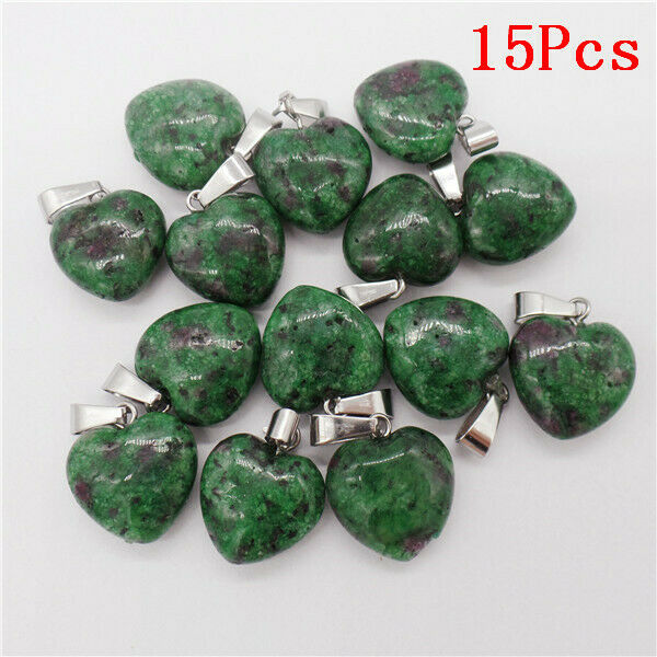 15Pcs 16x7mm Rose&Green Ruby in Fuchsite Love Heart Healing Pendant Bead HH9488
