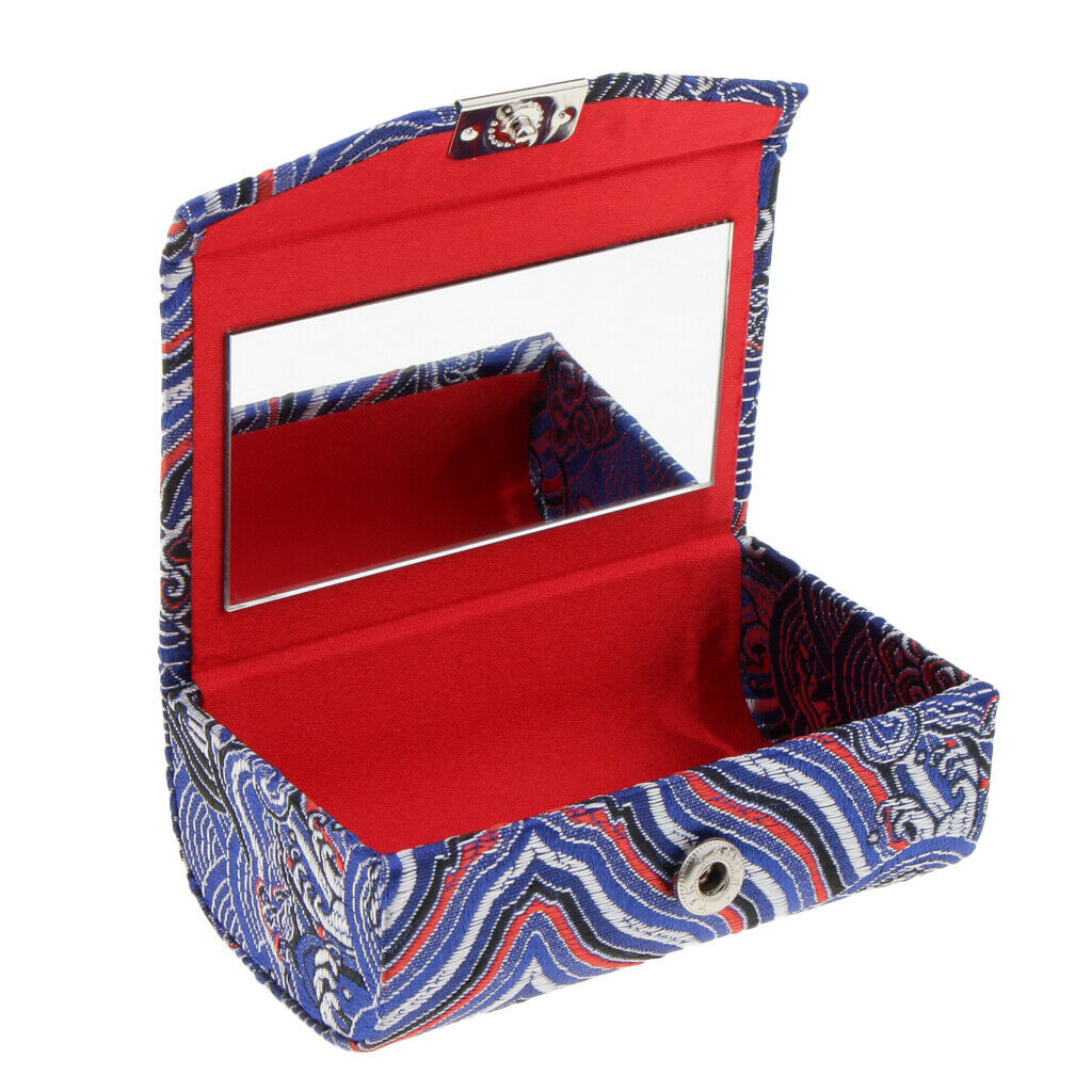 Embroidery Jewelry Makeup Lipstick Holder Case with Mirror Blue