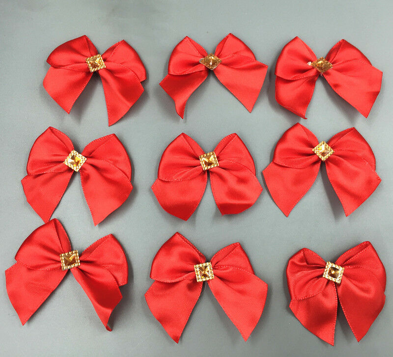 30pc Red Satin Ribbon Rhinestone Flowers Bows Gift Craft Wedding Decoration 50mm