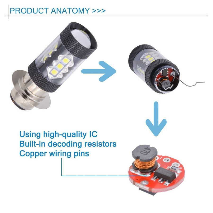 2x P15D 6500K 80W 16 LED Motorcycle Headlight Projector DRL Fog Light Hi/Lo Bulb