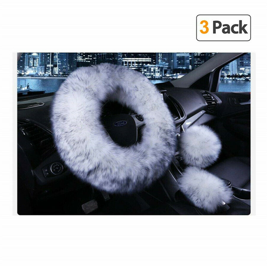 1 Set Long Plush Fur Fluffy Thick Car Steering Wheel Cover Gear Knob Brake Cover