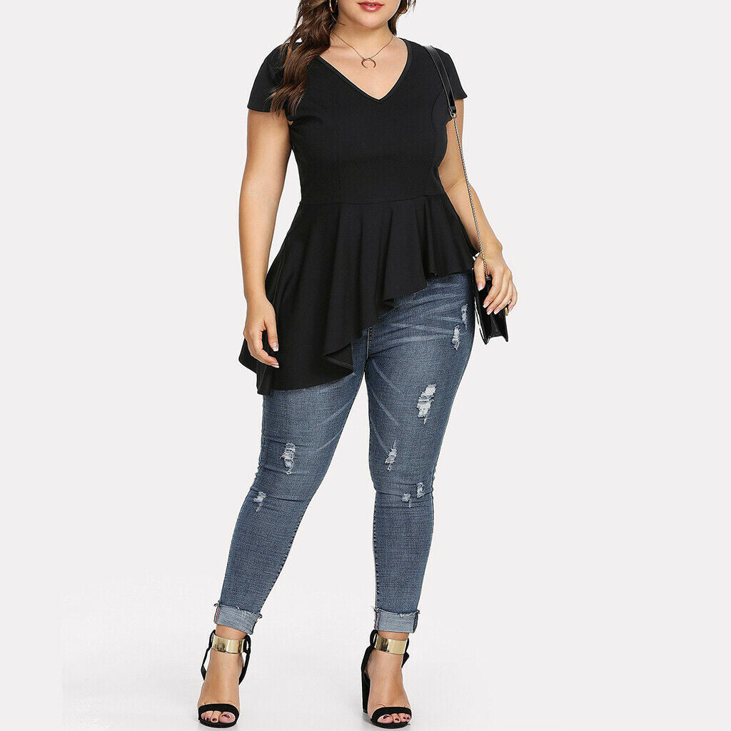Women Black V-neck Asymmetric Swing T-shirt Summer Tunic Tops Plus Size 4XL