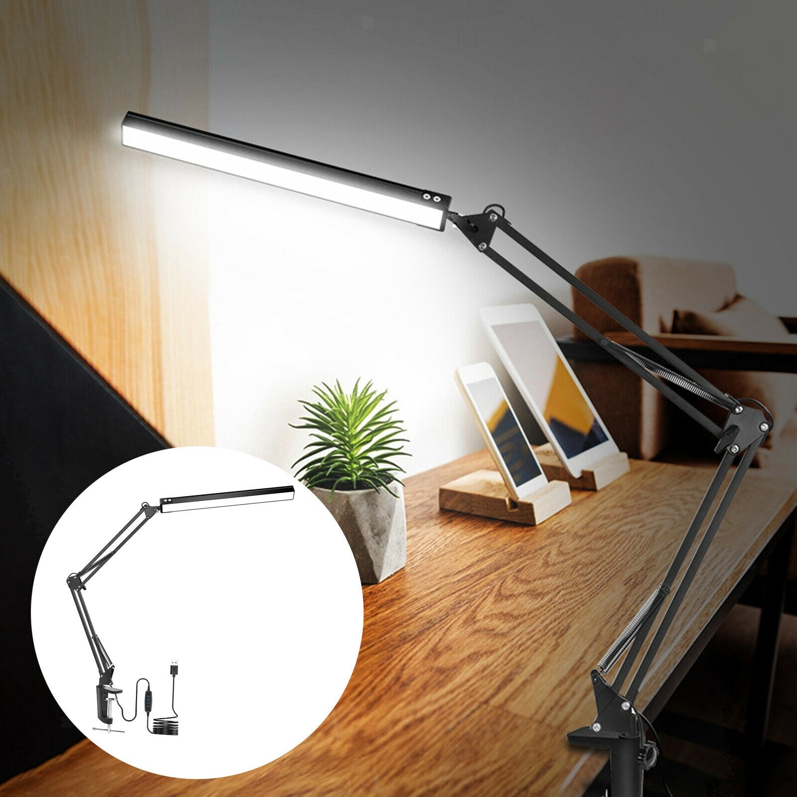 Swing Arm LED Desk Lamp with Clamp, Dimming Adjustable Architect Work Light