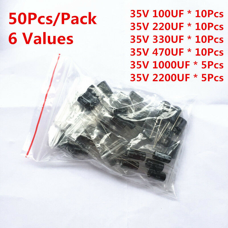 50Pcs 35V 100UF 220UF 330UF 470UF 1000UF 2200UF Electrolytic Capacitor Kit