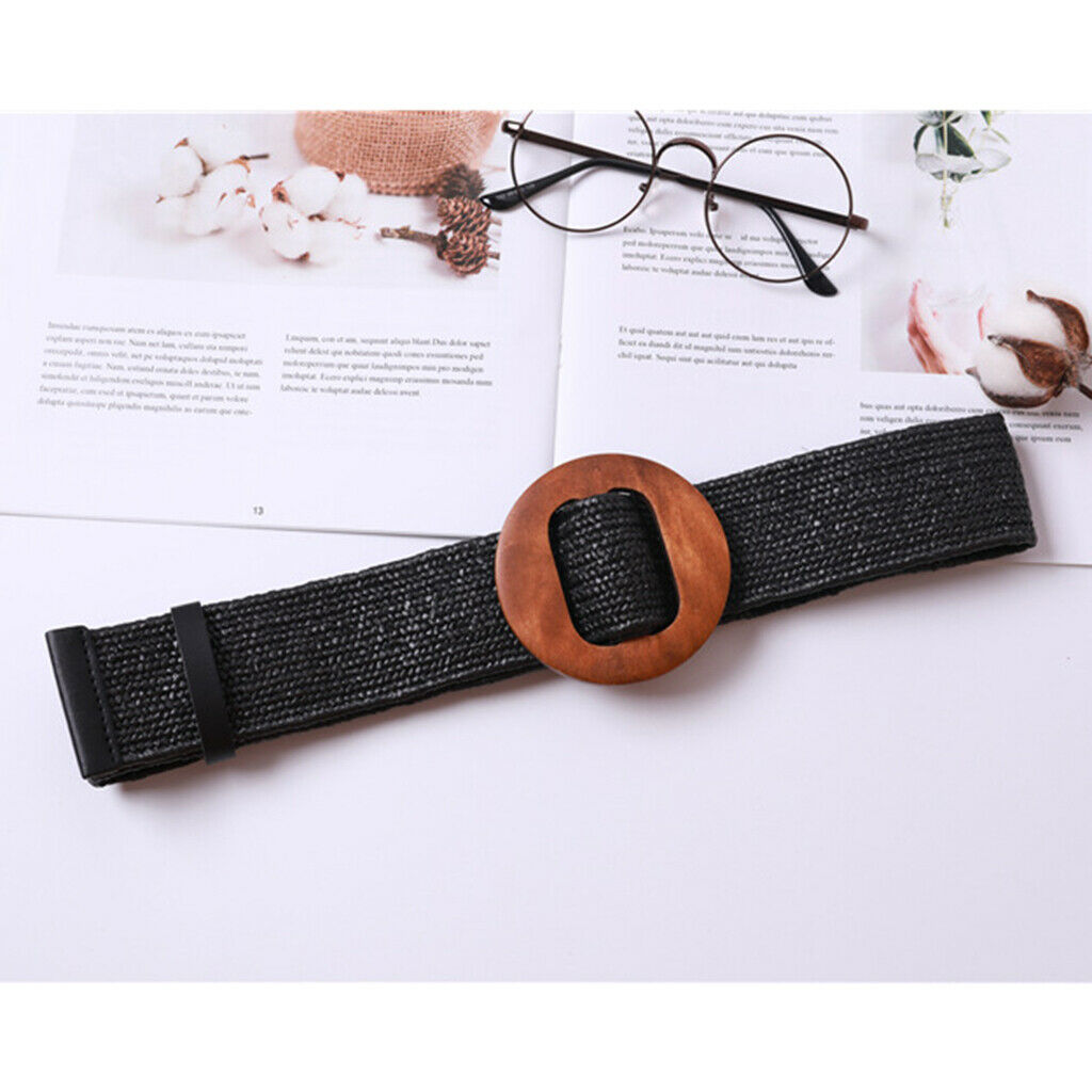 Braided Waistband Cinch Belt with Round Wooden Buckle Decorative Dress Belts