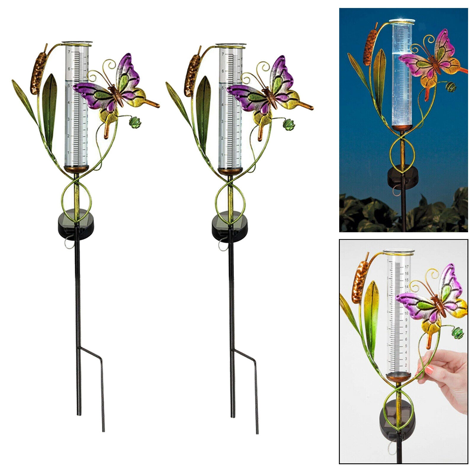 2pcs Butterfly Rain Gauge Garden Solar Stake Lamp Statue LED IP55 Patio Lamp