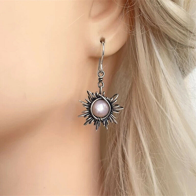 Retro Sun Moon Earrings Moonstone Asymmetric Earrings Woman Jewelry Gift