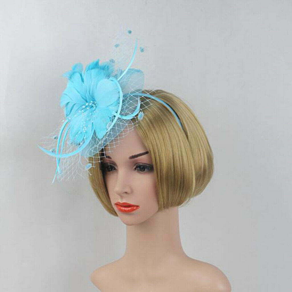 Flower Feather Net Fascinator Headband Wedding Race Ascot Ladies  Lake blue