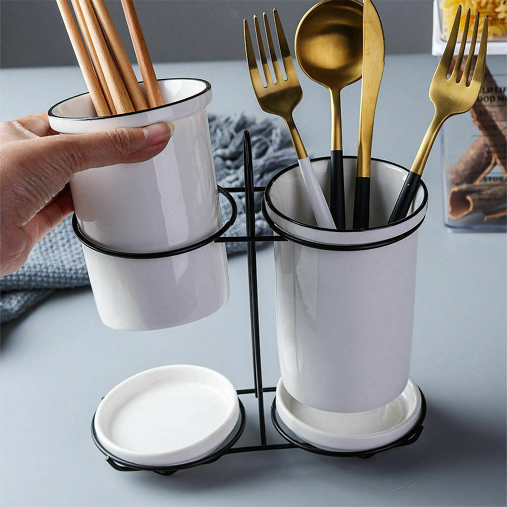 Tableware Holder with Metal Rack Drain Tray Knives Spoons Utensil Organizer