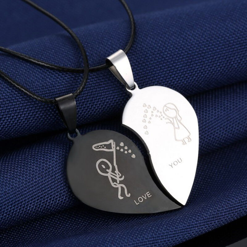 Couple Broken Heart Pendant Black Cord Engrave Love You Choker Necklace  .l8
