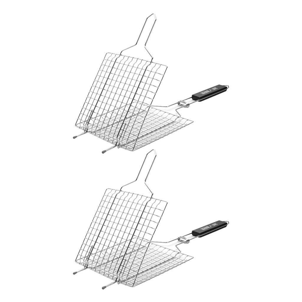 2pcs Outdoor BBQ Meat Grill Basket Clip Barbeque Stainless Steel Wire Tray Net