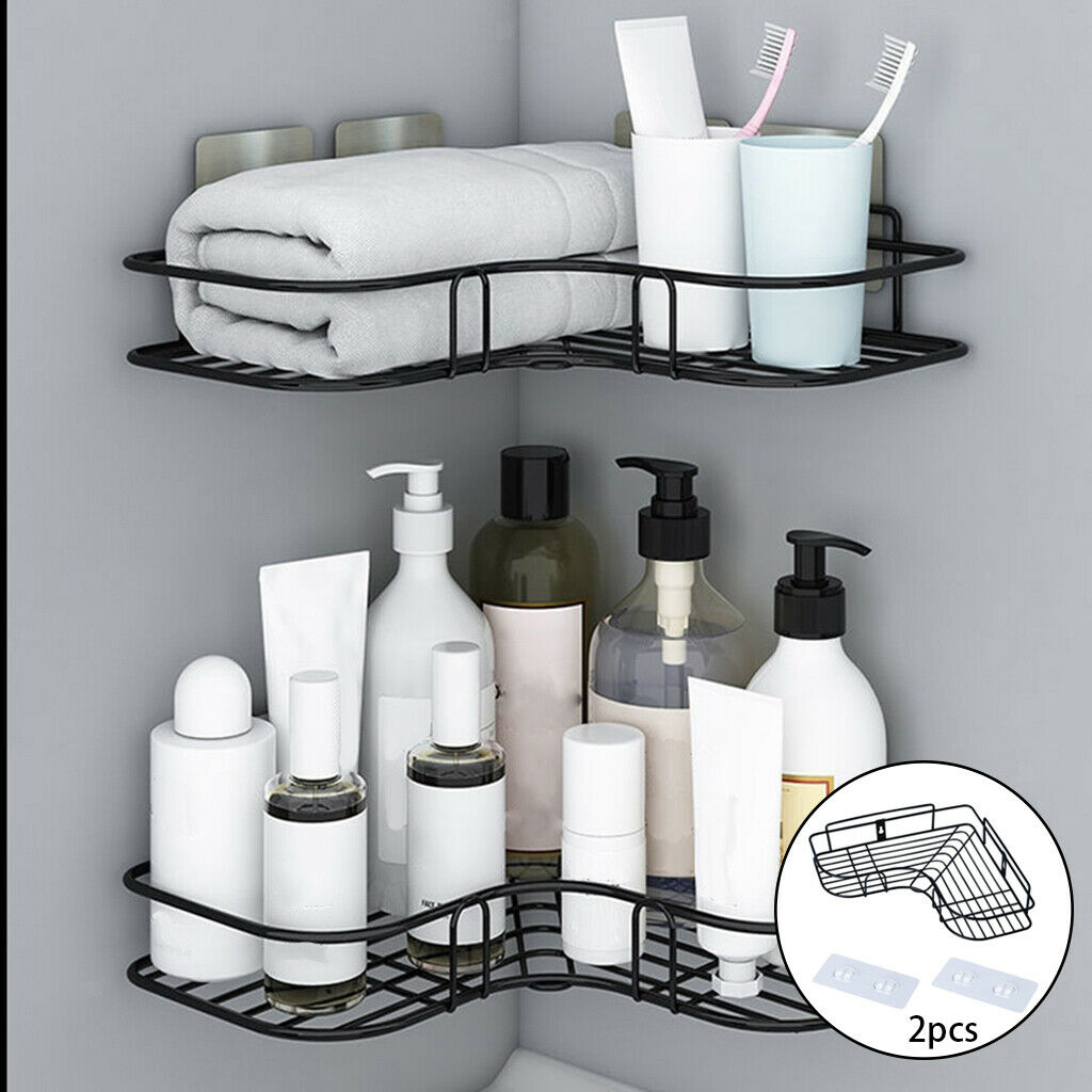 2Pcs Heavy Duty Iron Wall Corner Shelf Shower Basket Adhesive Organizer Rack