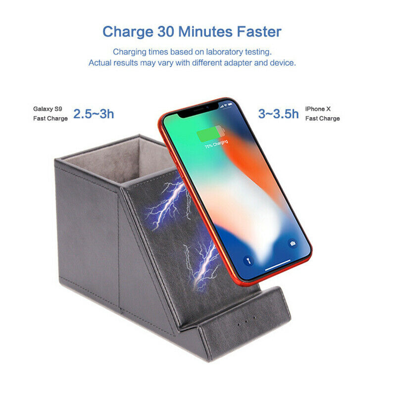 Desktop Wireless Charging Station Pen Storage Holder Case 10W Quik Fast Charge