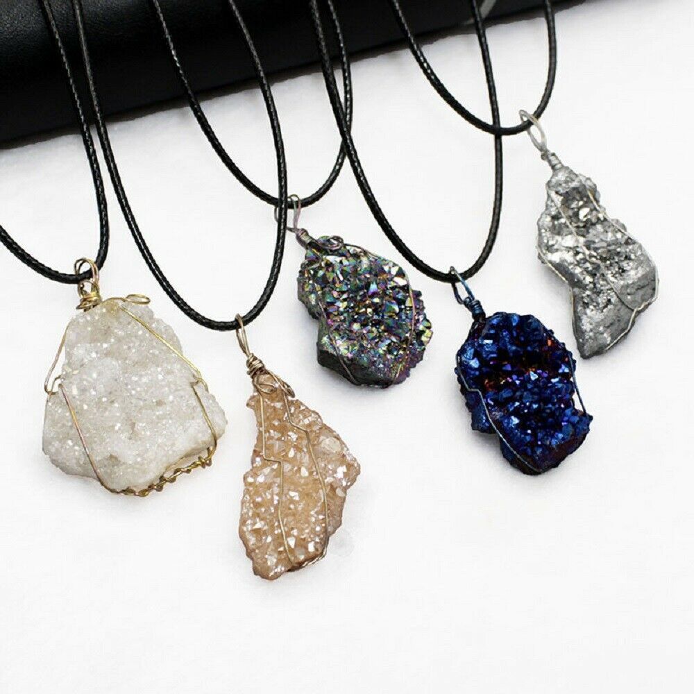 DIY Natural Rainbow Titanium Crystal Agate Quartz Geode Charm Necklace
