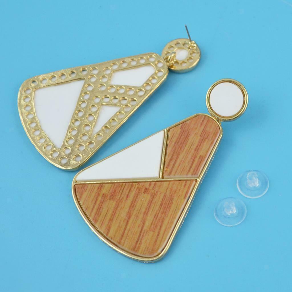 Geometric Wood Block Dangle Exclamatory Earrings Boho Ethnic Jewelry White