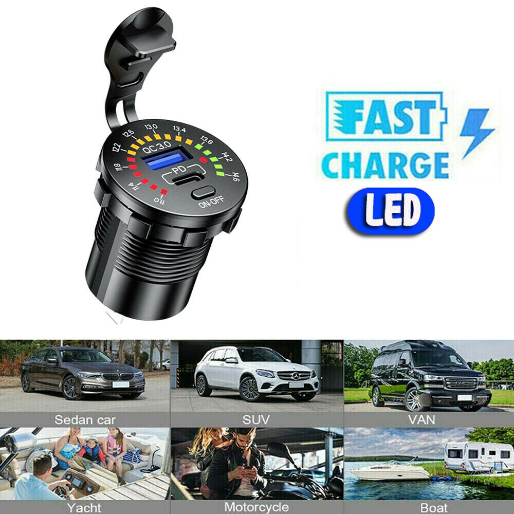 QC3.0 + PD Car Boat Charger Socket Power Outlet LED Voltmeter Waterproof