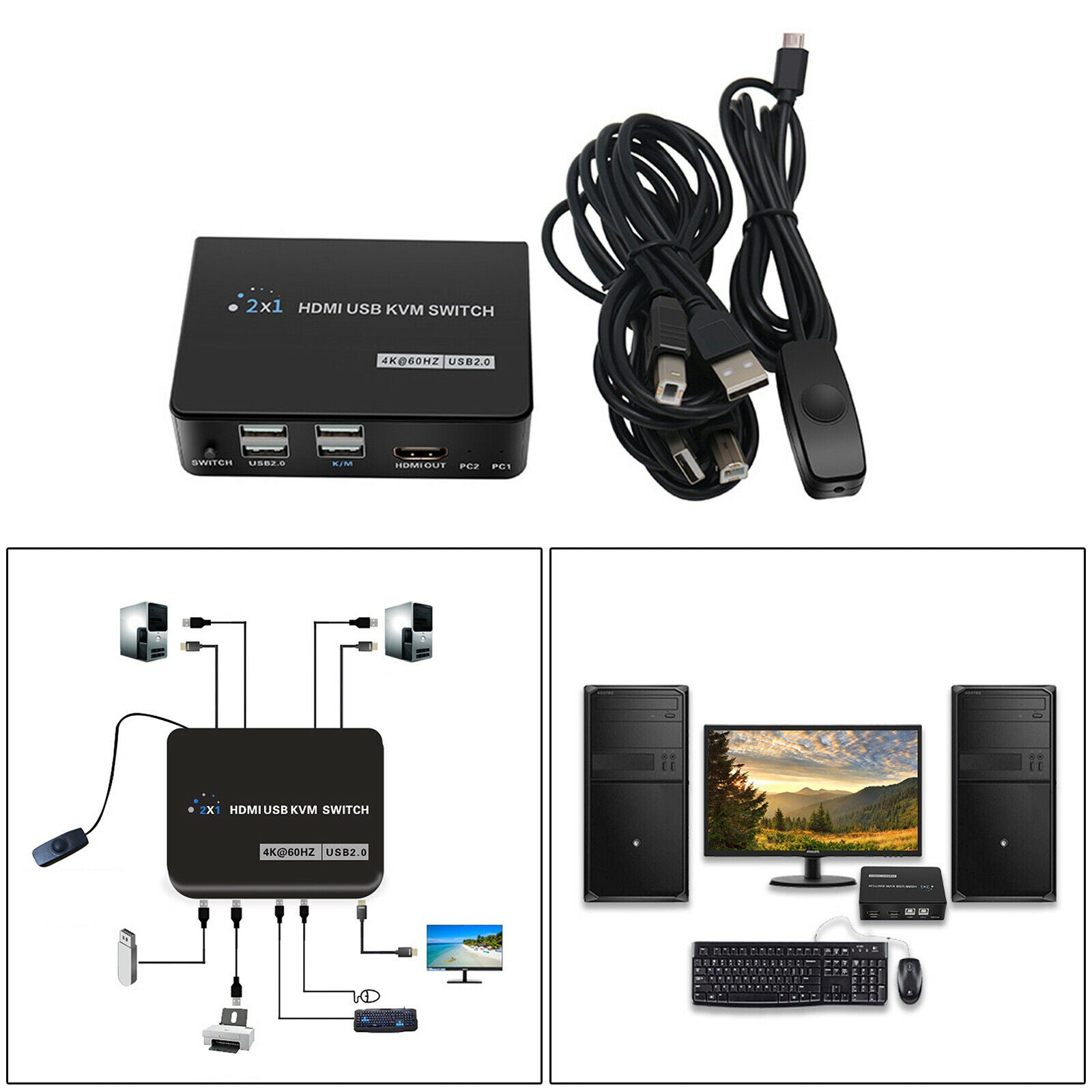 2 In 1 Out HDMI KVM Switch 4K@60Hz Sharing 1 Monitor Keyboard Mouse Printer