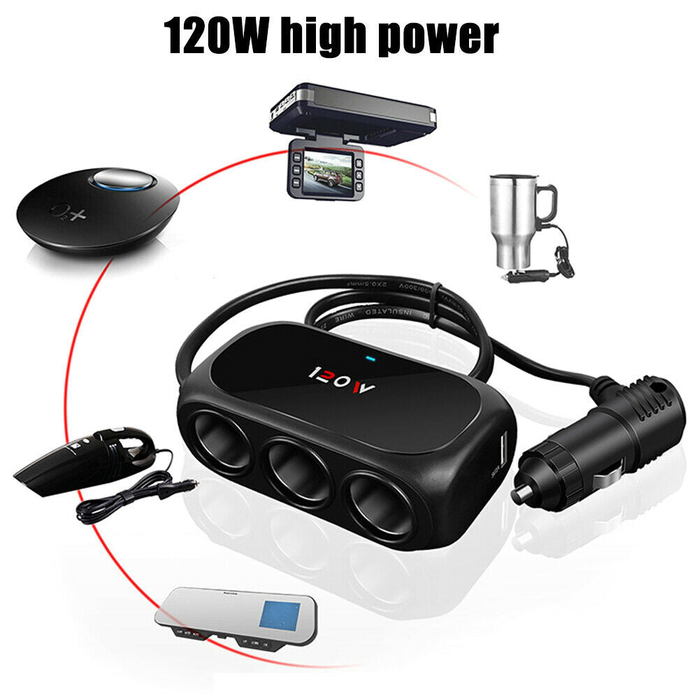 12V 3 Way/Ports Car Cigarette Lighter Socket Splitter USB Charger Power Adapter!