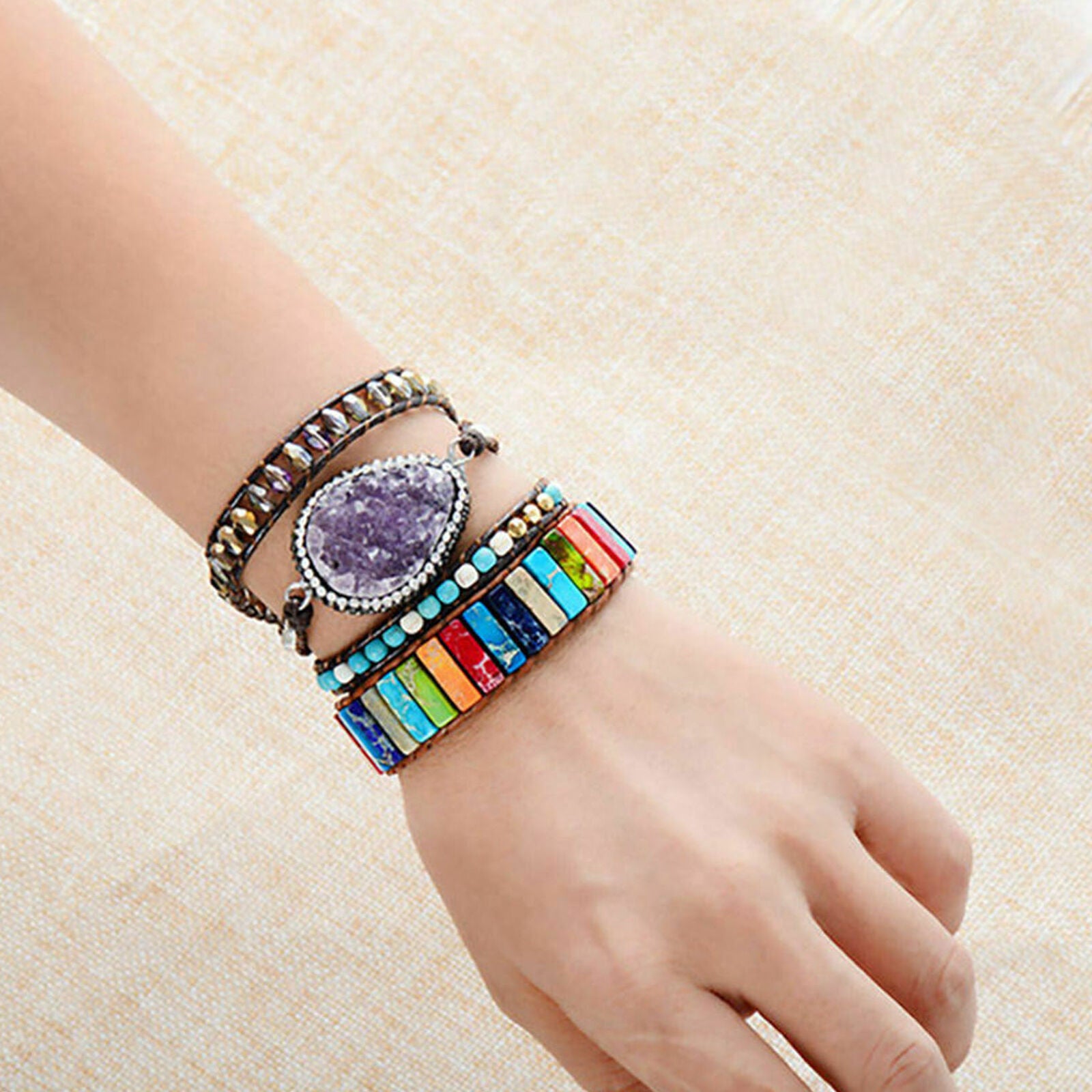 Prayer Handmade 7 Chakra Leather Wrap Bangle Natural Stone Tube Beads Bracelet