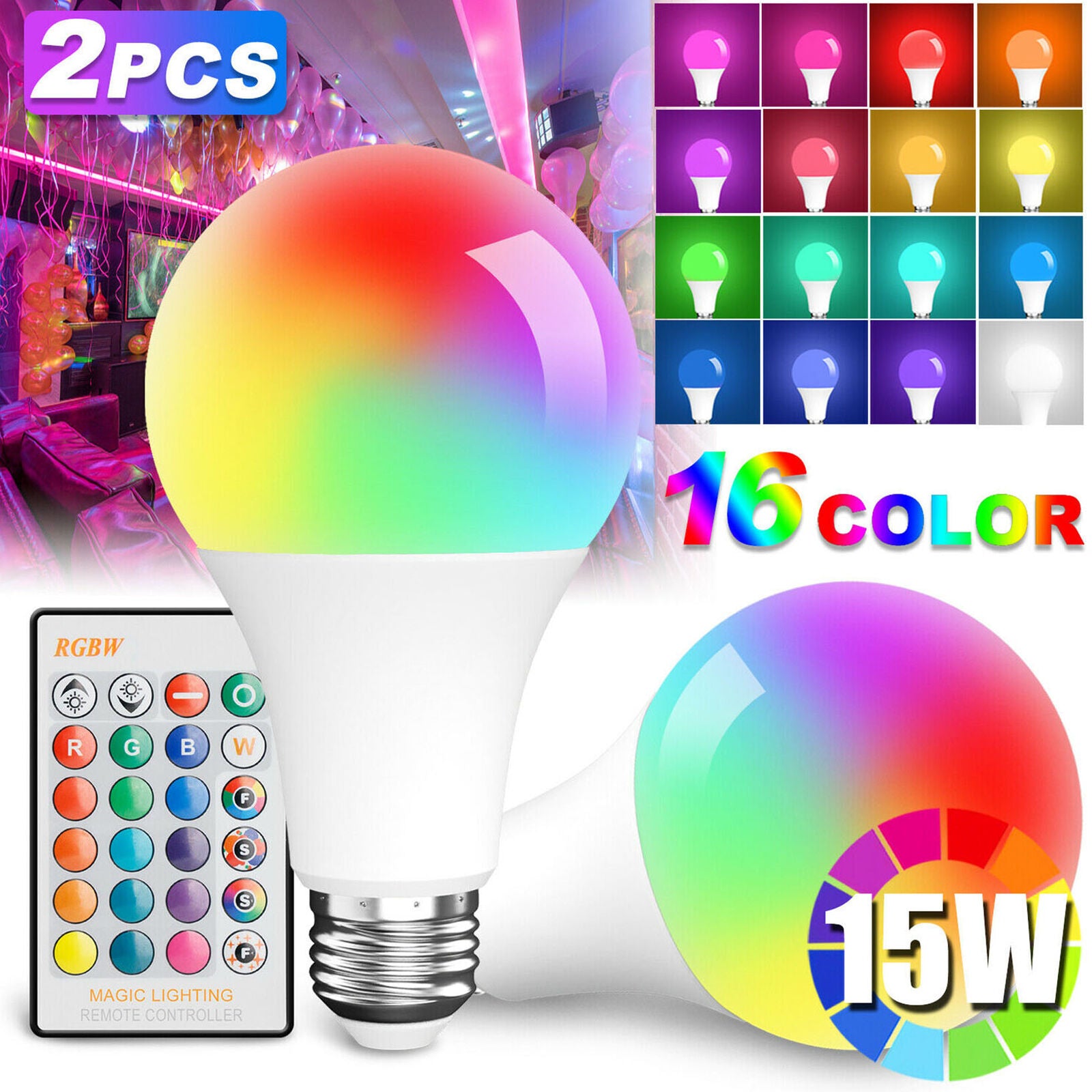 2X Light Bulb 15W(150W) LED RGBW Multi-Color Changing Lamp w/ Remote Control