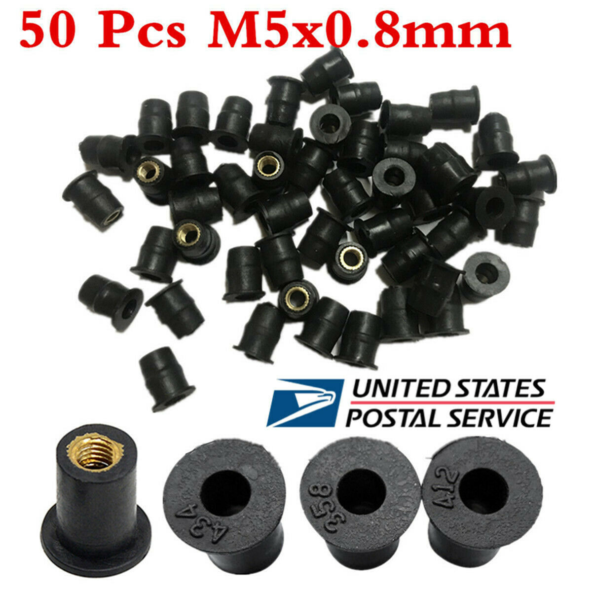 50 Pcs M5x0.8mm Motorcycle ATV Windscreen/Body Fixed Well Nut Rubber &Brass NUTS