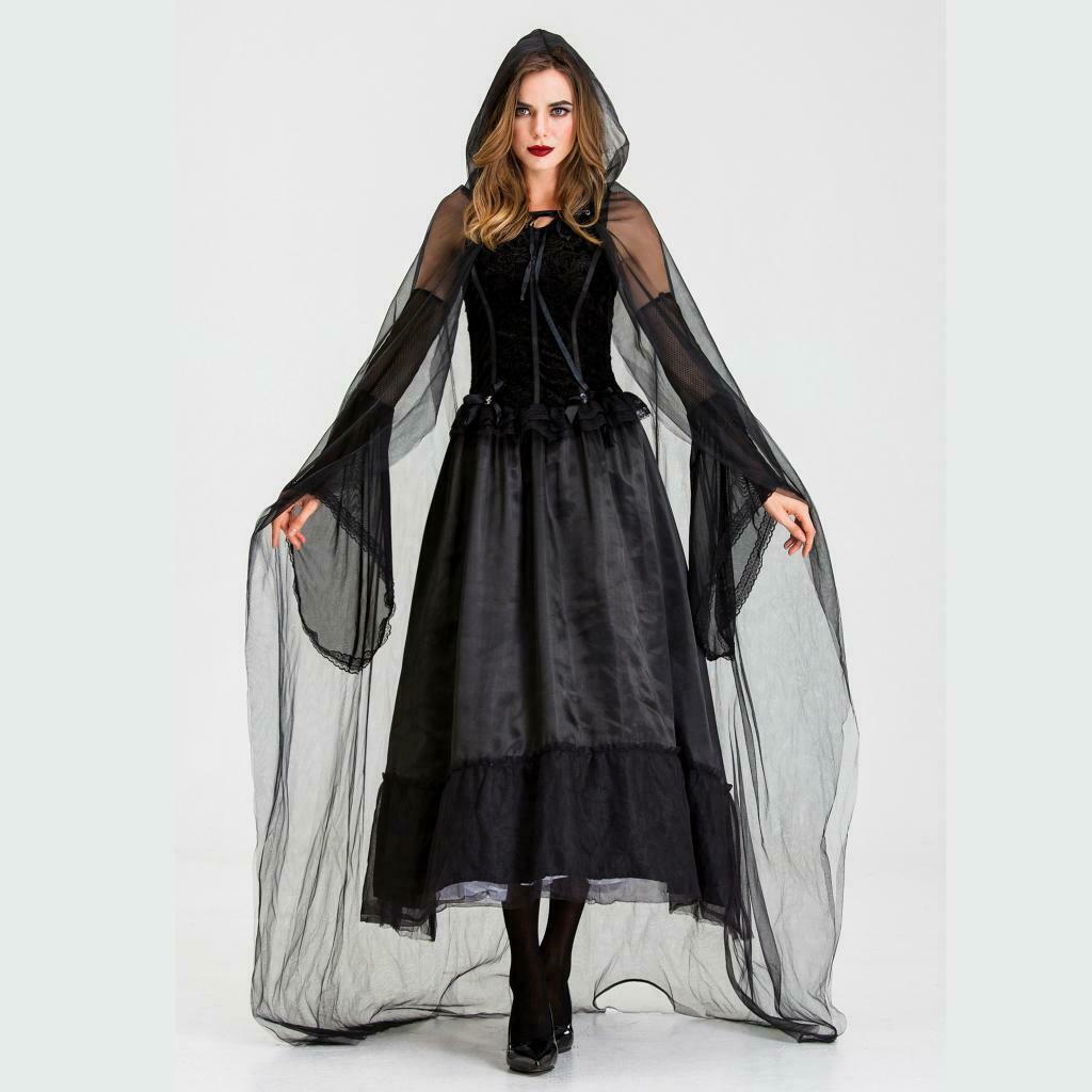 Women's Evil Witch Costume Halloween Party Fancy Long Dress Black Gown XL