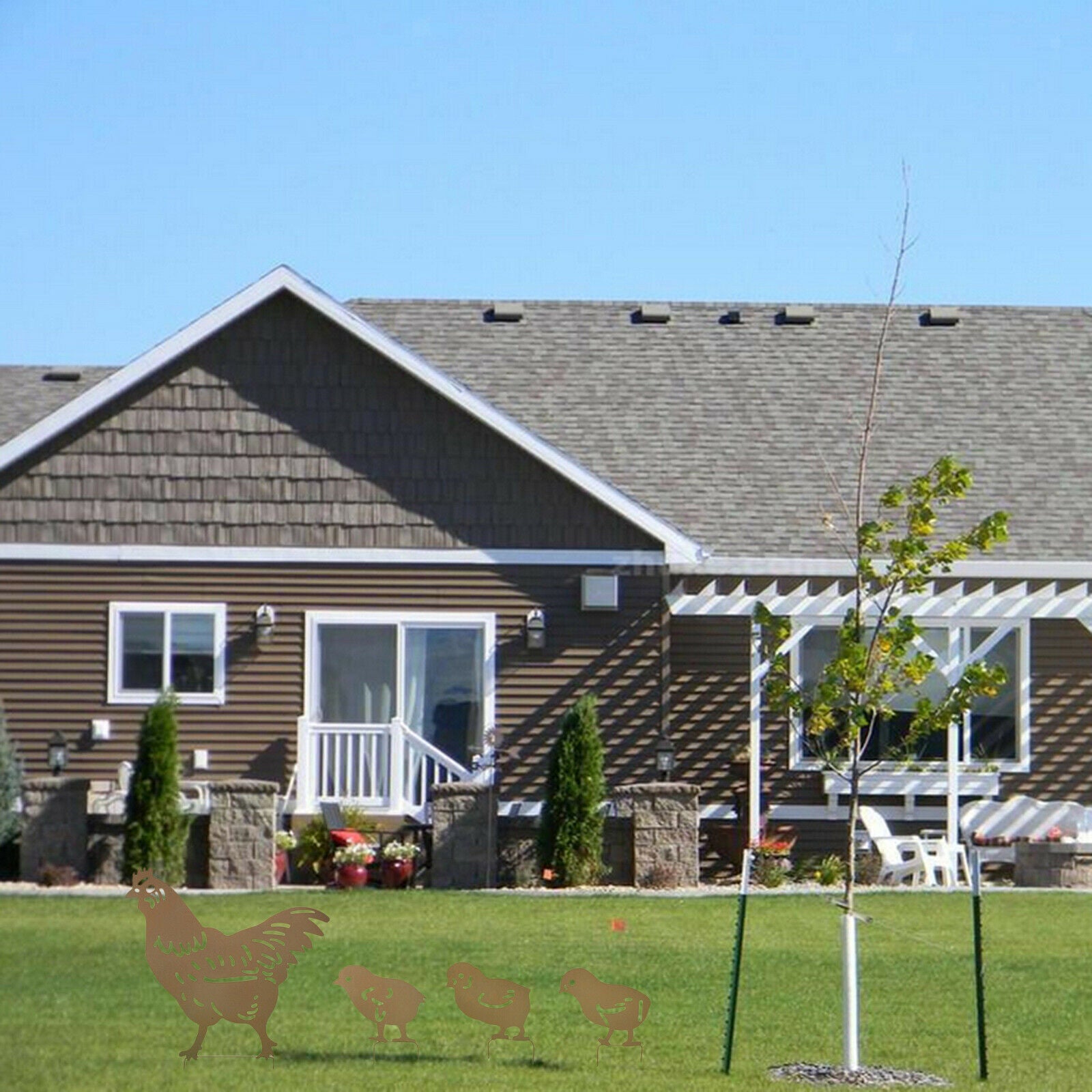 4x Chicken Family Silhouette Silhouette Statue Home Backyard Lawn Decoration