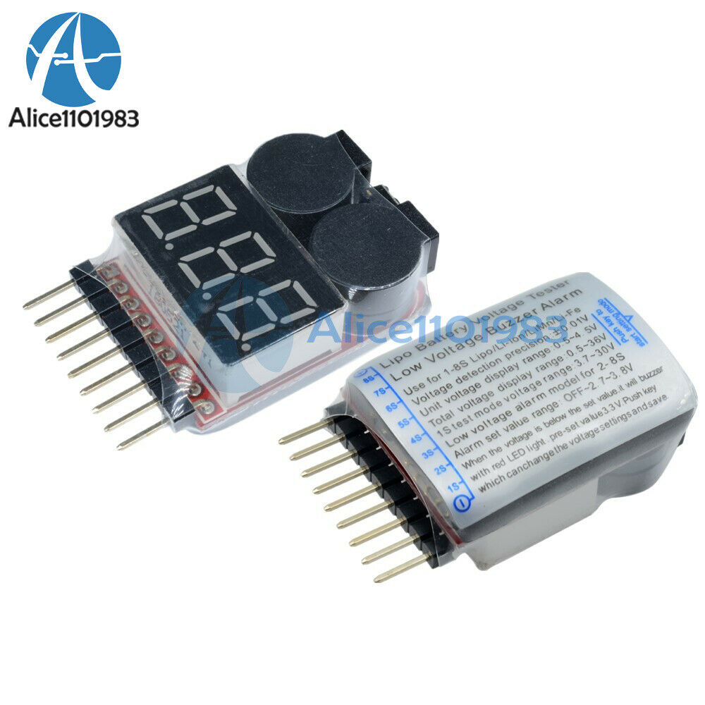 10PCS 1-8S Lipo/Li-ion/Fe Battery Low Voltage 2IN1 Meter Tester Buzzer Alarm