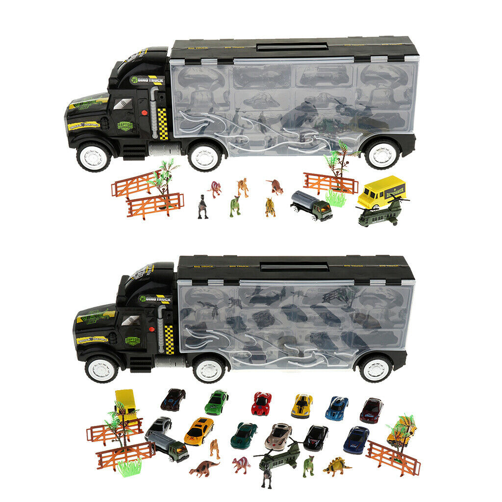 Pack of 16 Dinosaur Truck Carrier with Dinosaur Figures, Cars, Airplane and