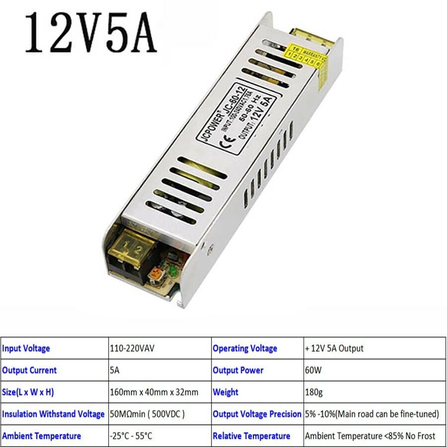 Regulated DC 12V 5A 60W Switching Power Supply LED Strip PSU Aluminum Shell