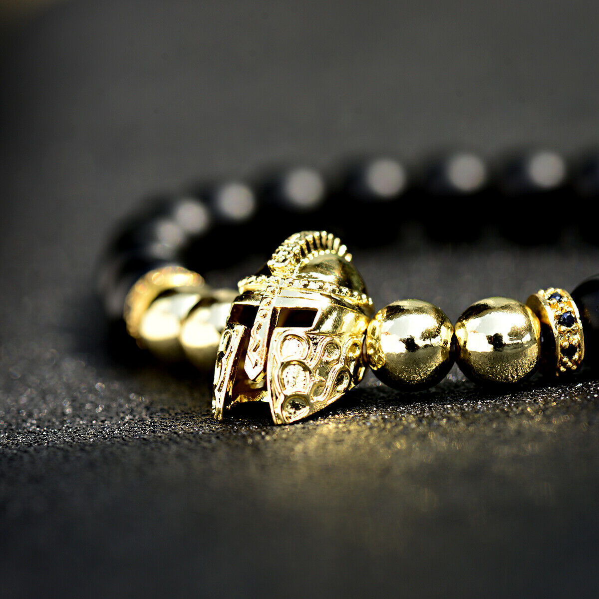 HOT Fashion Charm Bracelet Men Spartan Warrior Helmet Lava Stone Beaded Bracelet